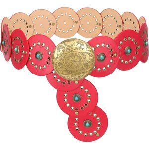 Woman's Western PU Leather Belts Concho Disc Wide Waist Belt Red Bronze Buckle